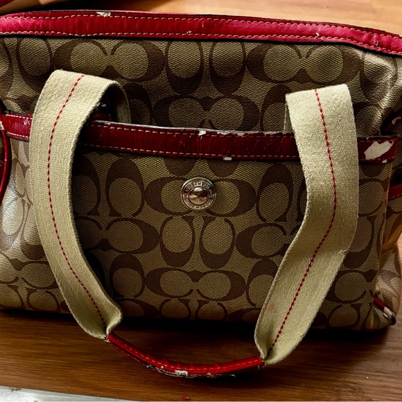 Coach Heritage Stripe Satchel Red leather accents Lot of wear Restoration bag - Picture 10 of 14